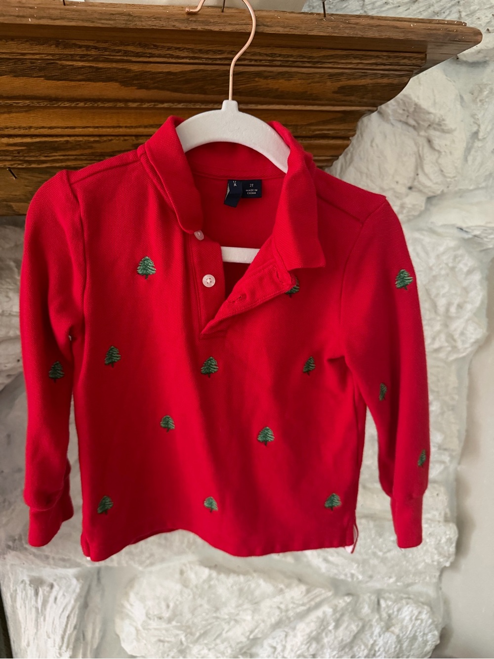 Janie and Jack Red Long-Sleeve Polo with Green Tree Embroidery